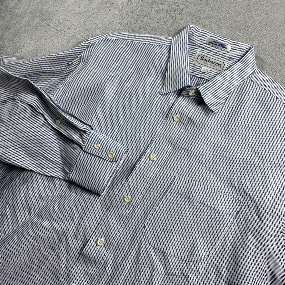 Burberrys of London Mens Vintage Striped Cotton Dress Shirt Blue White 17.5 35